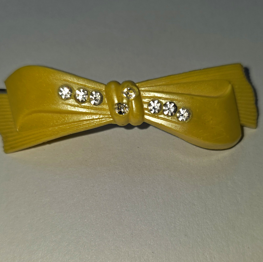 Vtg 1950s Tip-Top Yellow Plastic Bow Hair Barrette Rhinestone Mid Century
